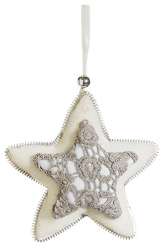 Victorian Lace Plush Star Christmas Ornament, Gray and Cream, 5"