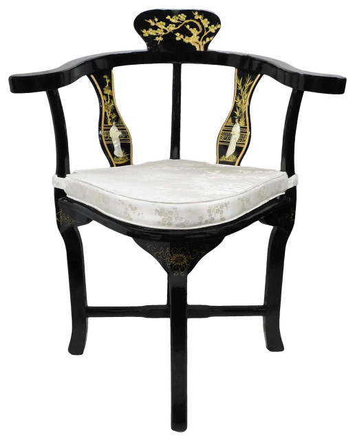 Hand Painted Black Lacquer Oriental Corner Chair Inlaid With