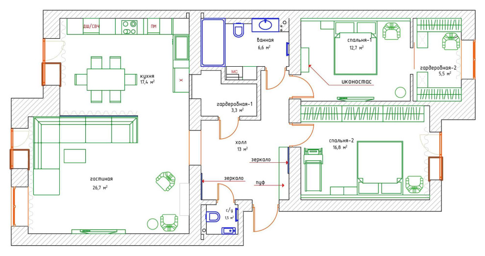 Эклектичный интерьер в ЖК Петровский, 100 кв. м. (г. Новосибирск)