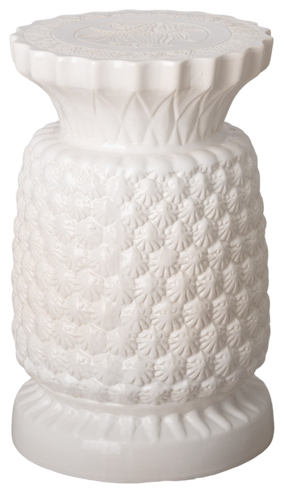 19" Pineapple White Ceramic Garden Stool Tropical Accent And Garden