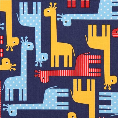 navy blue giraffe animal fabric red-yellow Robert Kaufman