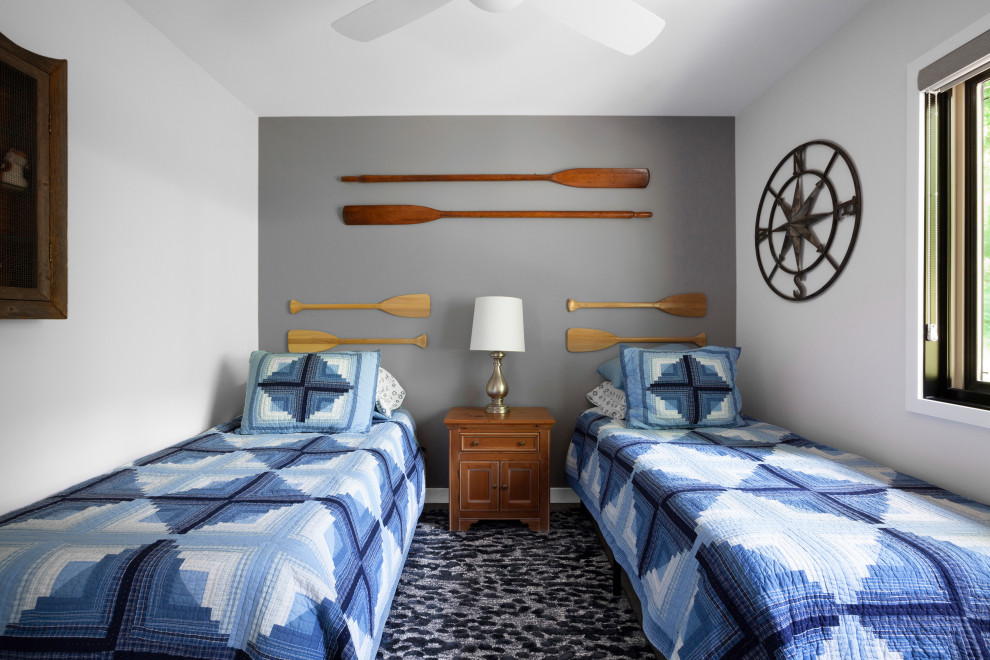 Ispirazione per una camera degli ospiti minimalista di medie dimensioni con pareti grigie, pavimento in vinile e pavimento grigio