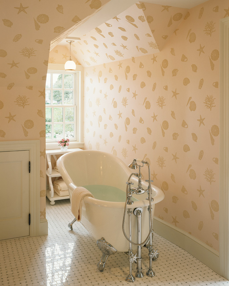This is an example of a traditional bathroom in Boston with a freestanding tub and multi-coloured walls.
