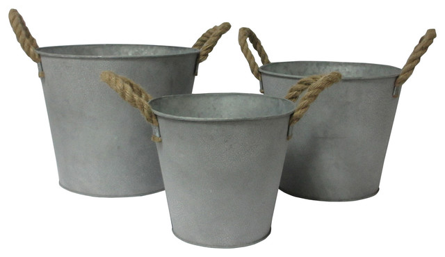 Round Tapered Galvanized Metal Buckets, Set of 3