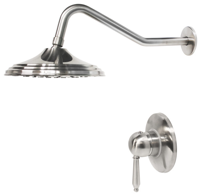 DISK Bath Shower Set with Rough-in Valve, Round Tiered Shower Head, Arm, Handle, Brushed Nickel