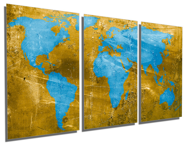 Gold And Light Blue World Map, Metal Print Wall Art, 3 Panel Split
