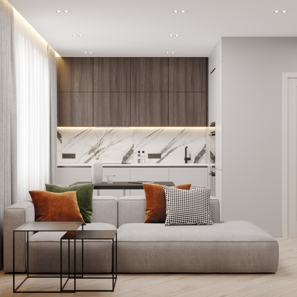 Дизайн кухни-гостиной в ЖК Ньютон