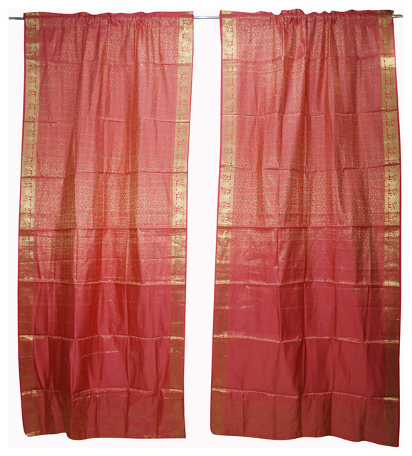 2 Indian Silk Sari Curtain Drape Red Window Treatment Curtains 96x44