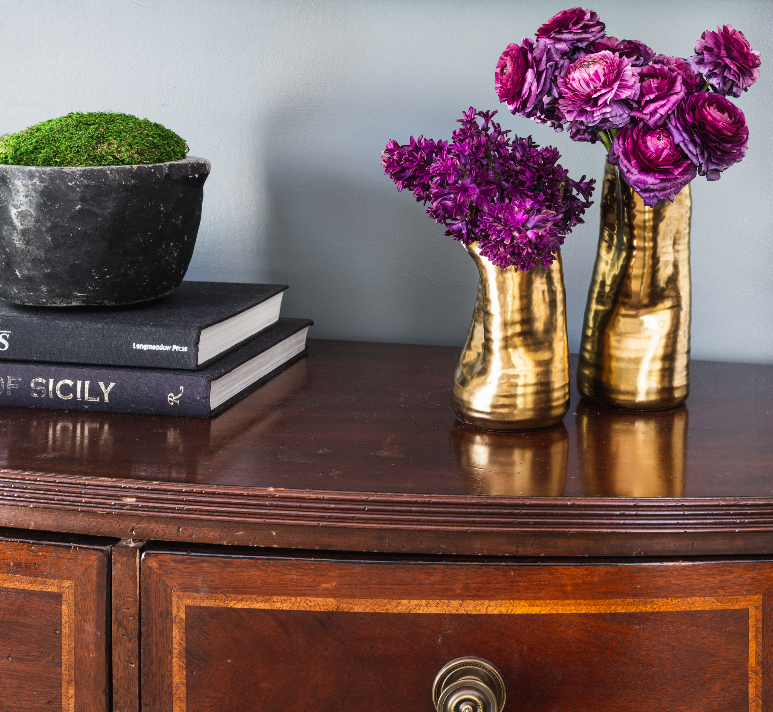 Antique Dresser + Modern Brass Vases