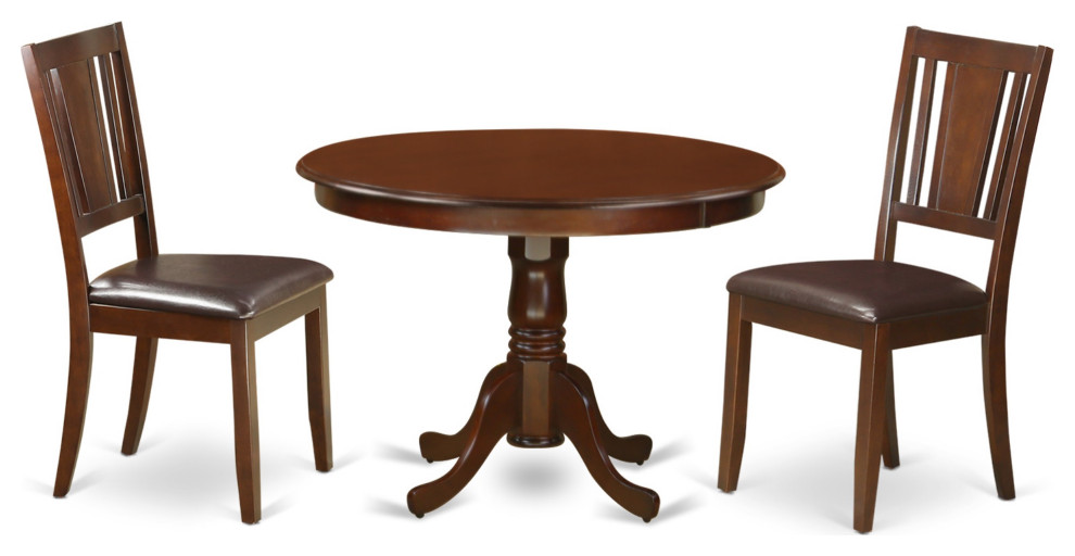 3Piece Set, A Round Kitchen Table, 2 Leather Chairs, Mahogany