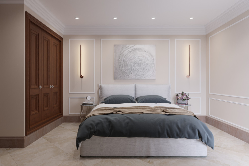 Inspiration for a medium sized contemporary master bedroom in Palma de Mallorca with beige walls, marble flooring and beige floors.