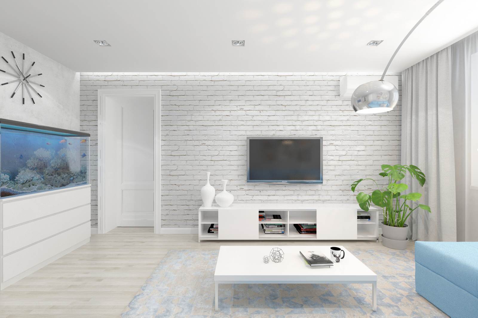 Гостиная комната с голубым диваном