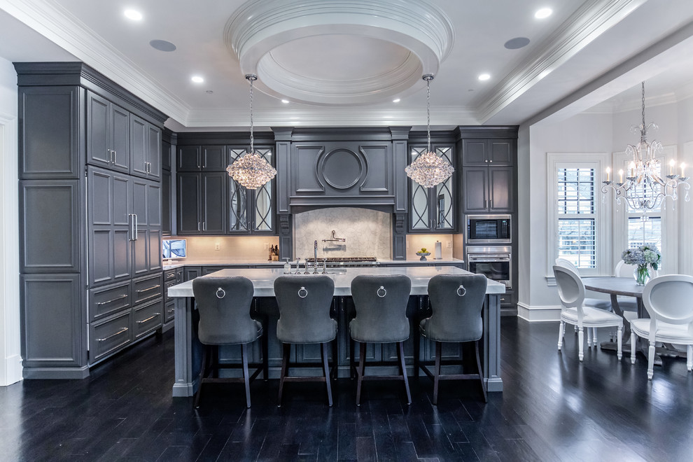 Large transitional l-shaped dark wood floor eat-in kitchen photo in DC Metro with beaded inset cabinets, gray cabinets, stainless steel appliances and an island