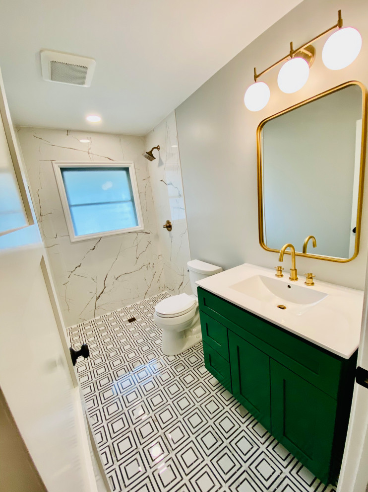 This is an example of a small modern 3/4 bathroom in Chicago with shaker cabinets, green cabinets, a curbless shower, a two-piece toilet, white tile, ceramic tile, grey walls, mosaic tile floors, an integrated sink, engineered quartz benchtops, black floor, an open shower, white benchtops, a niche, a single vanity and a built-in vanity.