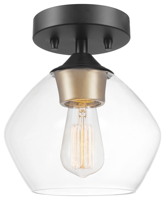 Harrow 1-Light Matte Black Semi-Flush Mount Ceiling Light, Gold and Clear Shade