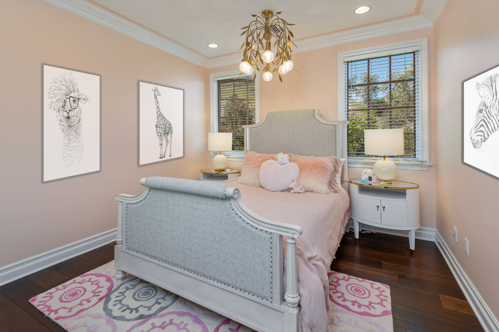 Design ideas for a mid-sized contemporary bedroom in Los Angeles with pink walls, dark hardwood floors and brown floor.