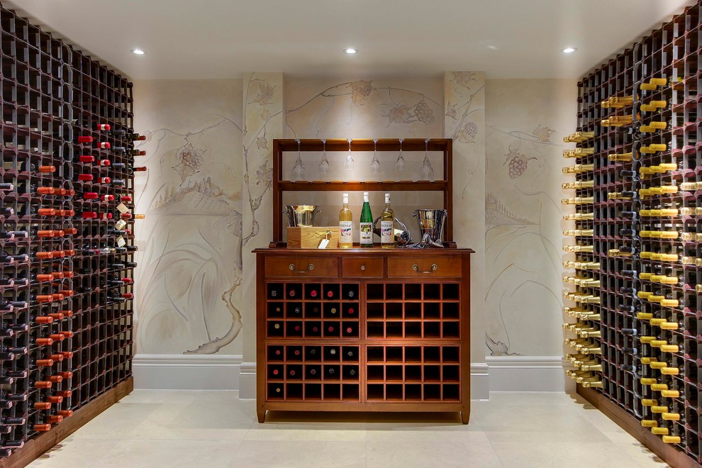 Inspiration for a country wine cellar in London with storage racks.