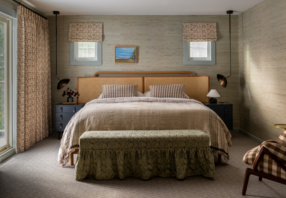 This is an example of a traditional bedroom in Seattle with beige walls, carpet, grey floor and wallpaper.