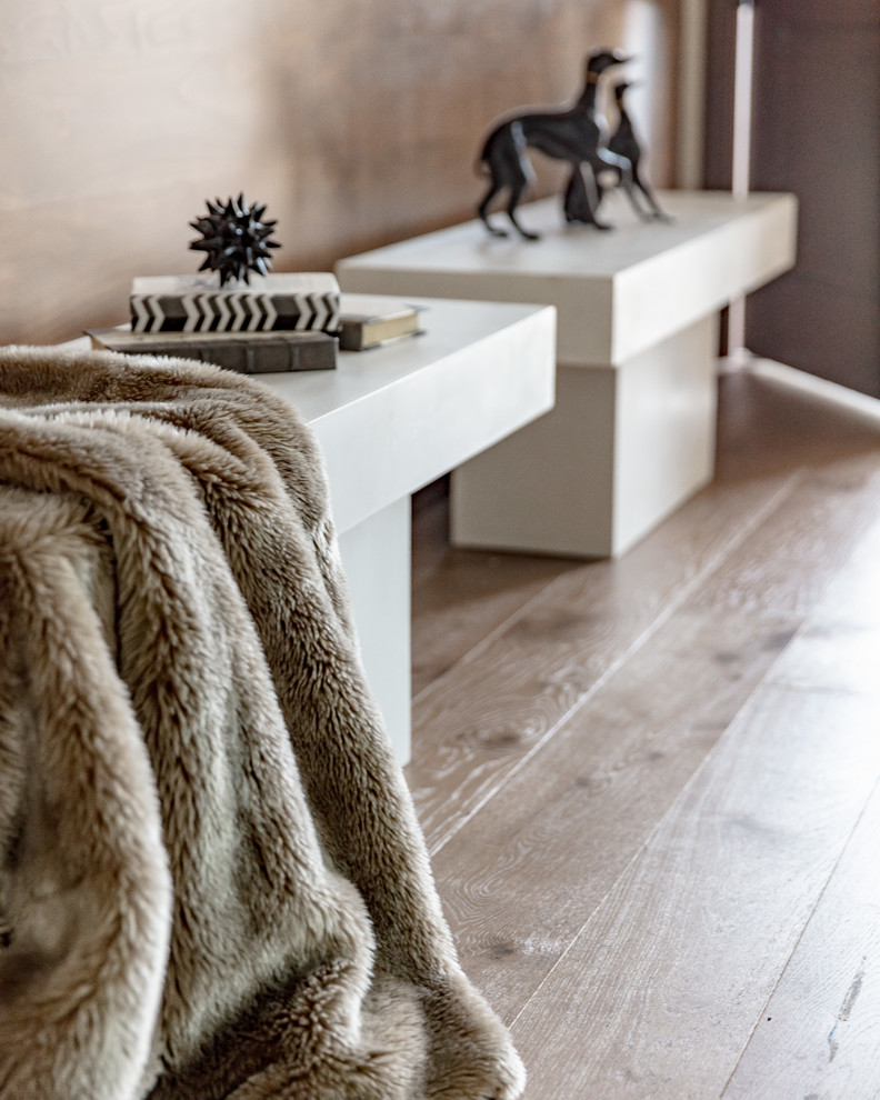 Large transitional medium tone wood floor foyer photo in Atlanta with a medium wood front door