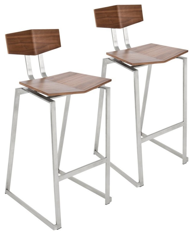 Flight Contemporary Stainless Steel Counter Stools, Walnut Wood, Set of 2