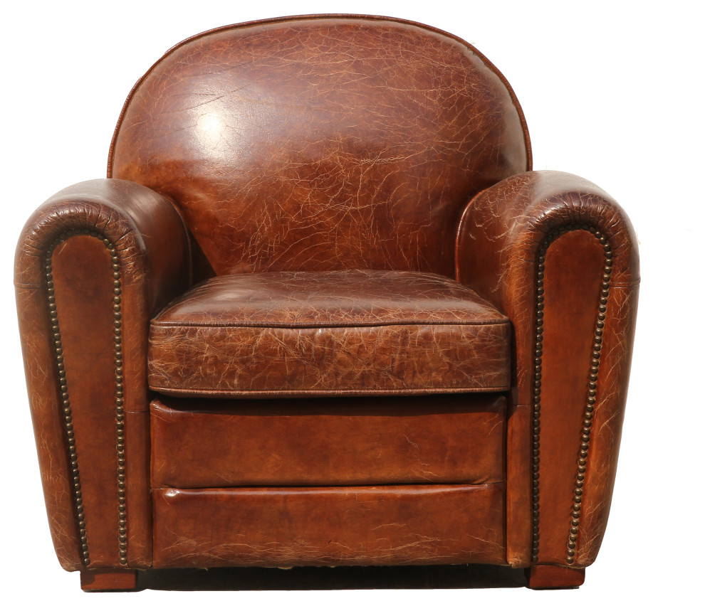 Pasargad Home Genuine Leather Paris Club Chair, Brown Transitional