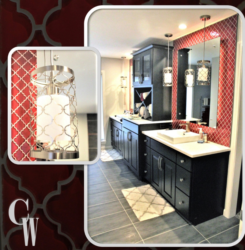 Inspiration for a large master red tile and glass tile porcelain tile, gray floor and double-sink doorless shower remodel with raised-panel cabinets, black cabinets, a one-piece toilet, gray walls, a vessel sink, quartz countertops, white countertops and a built-in vanity