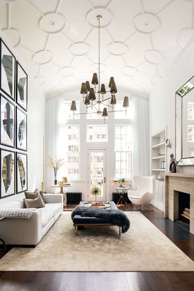 Inspiration for a contemporary open concept living room in New York with white walls.