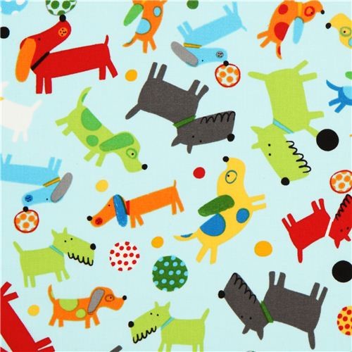 light blue dogs and balls fabric by Robert Kaufman