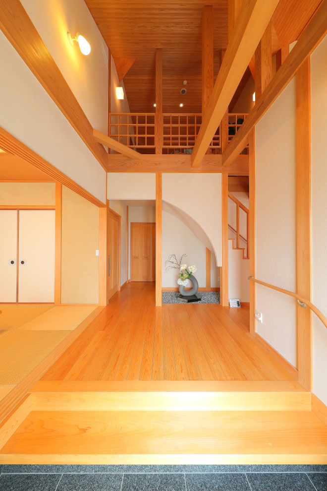 Photo of an asian entryway in Other with white walls, light hardwood floors, a sliding front door, a medium wood front door and wood.