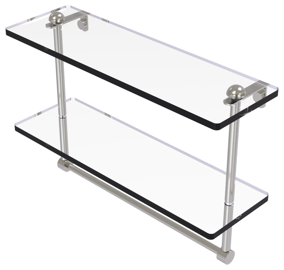 16" Two Tiered Glass Shelf with Integrated Towel Bar, Satin Nickel