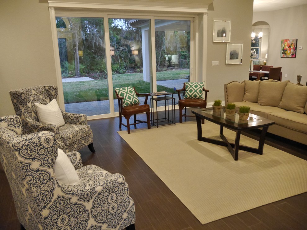 Mid-sized transitional open concept family room in Tampa with beige walls, dark hardwood floors, no fireplace, no tv and brown floor.