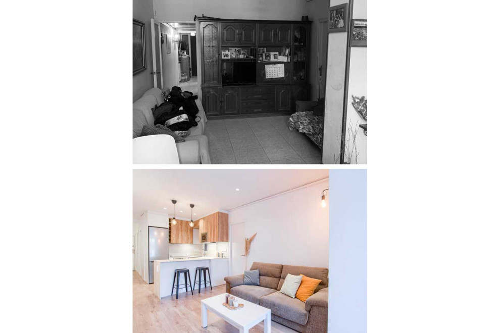 Foto di un soggiorno nordico di medie dimensioni e aperto con angolo bar, pareti bianche, pavimento in legno massello medio, TV autoportante, pavimento marrone e tappeto