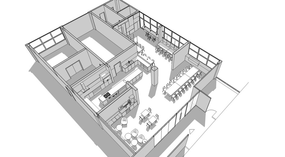 Bobst Kantine Mitarbeiterbereich Mittagspause Office Büro Planung Umplanung Modernisierung Interior Design NRW Krefeld Meerbusch Architektur Innenarchitektur Gestaltung 3D Akustik Küche Mensa
