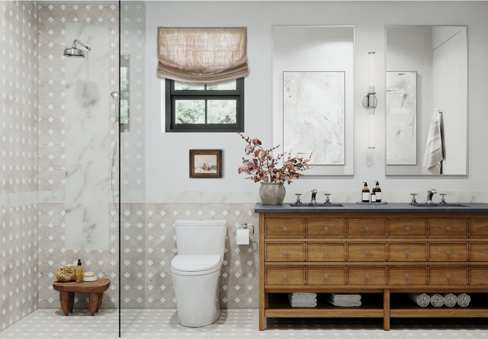 Inspiration for a country bathroom in Miami with medium wood cabinets, a curbless shower, a one-piece toilet, beige tile, mosaic tile, white walls, mosaic tile floors, a drop-in sink, soapstone benchtops, multi-coloured floor, a hinged shower door, grey benchtops, a double vanity, a freestanding vanity and recessed-panel cabinets.