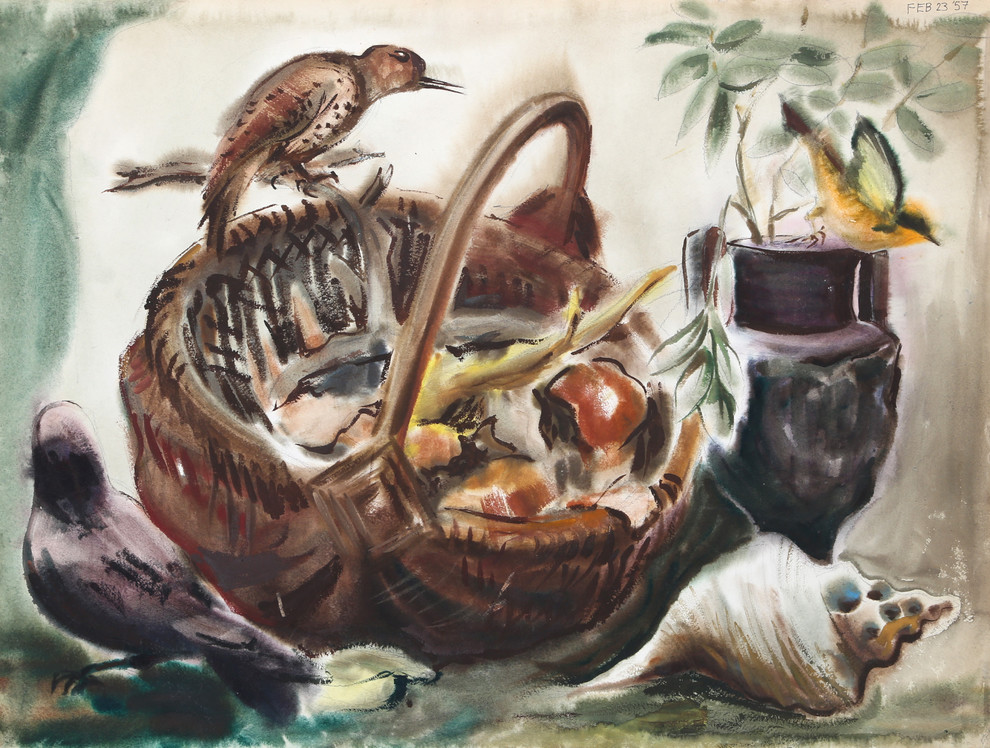 Eve Nethercott, Bird On A Basket, P6.25, Watercolor Painting