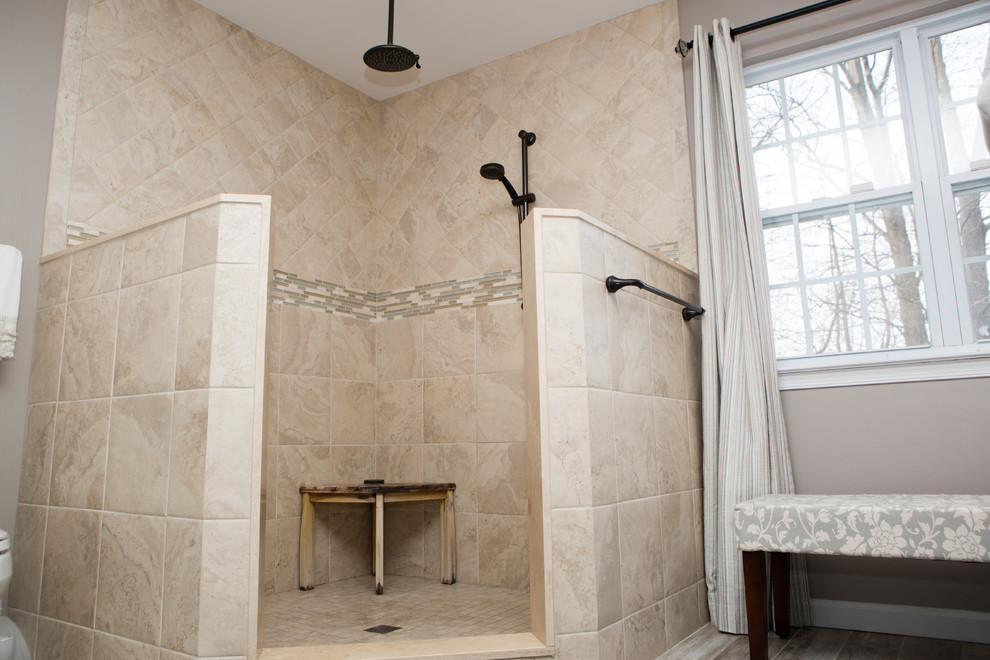 Design ideas for a large transitional master bathroom in Newark with raised-panel cabinets, dark wood cabinets, an open shower, a two-piece toilet, white tile, porcelain tile, grey walls, porcelain floors, an undermount sink and granite benchtops.