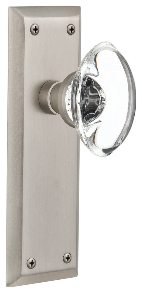 Double New York Plate With Oval Clear Crystal Knob, Satin Nickel