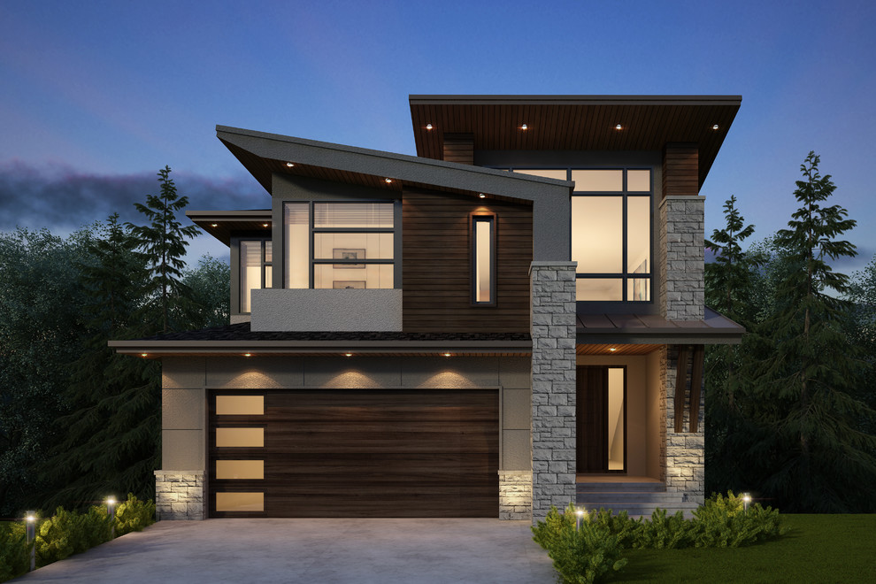 Inspiration for a large contemporary two-storey stucco grey house exterior in Calgary with a gambrel roof and a shingle roof.