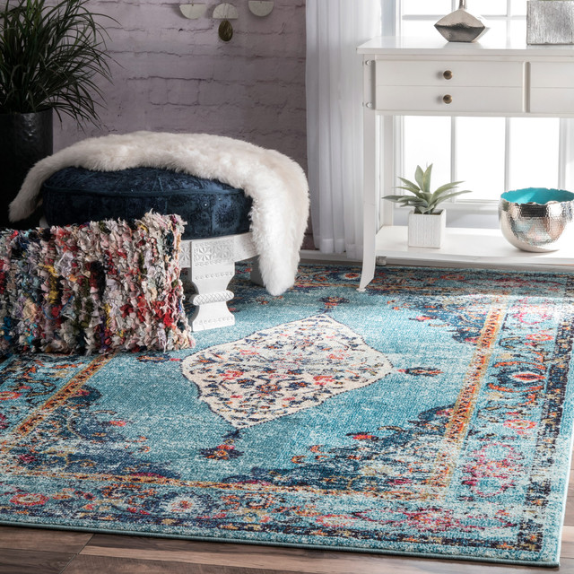 Iris Fading Oriental Medallion Area Rug Aqua 5 3 X7 7