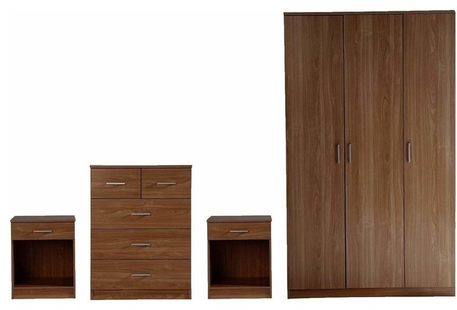 4-Piece Bedroom Furniture Sets With 3-Door Wardrobe, 5-Drawer Chest, 2-Bedside