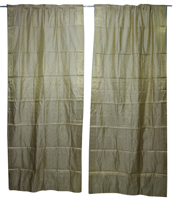 2 Indian Silk Sari Curtains Door Panel Grey Brocade Border Wedding