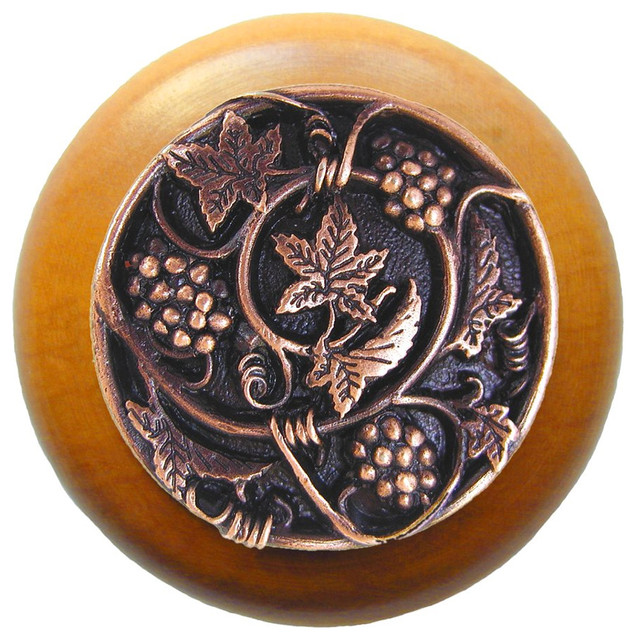 Grapevines Wood Knob, Antique Brass, Natural Wood Finish Farmhouse