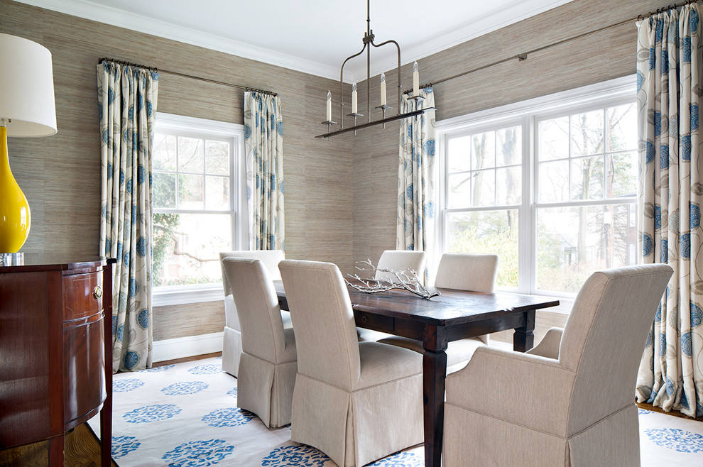 Inspiration for a transitional dining room in New York with grey walls.