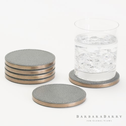 Luxe Blue Gray Leather Coasters, Set of 6, Round Stackable Bronze Rim ...