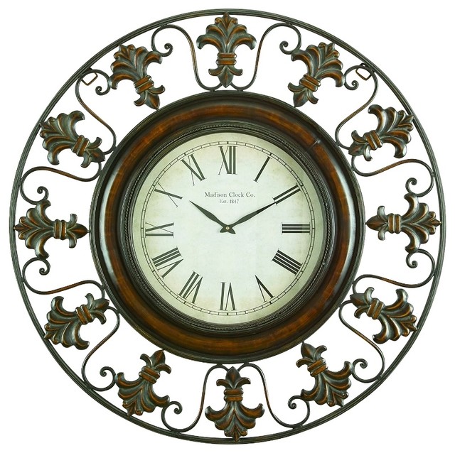 Metal Wall Clock metal wall clock with round flower themed border - mediterranean Metal Wall Clock metal wall clock with round flower themed border - mediterranean