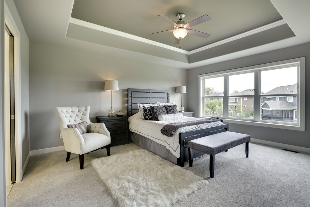 Example of a transitional master carpeted bedroom design in Minneapolis with gray walls and no fireplace