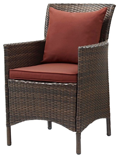 Modern Outdoor Side Dining Chair Armchair, Rattan Wicker, Red Brown