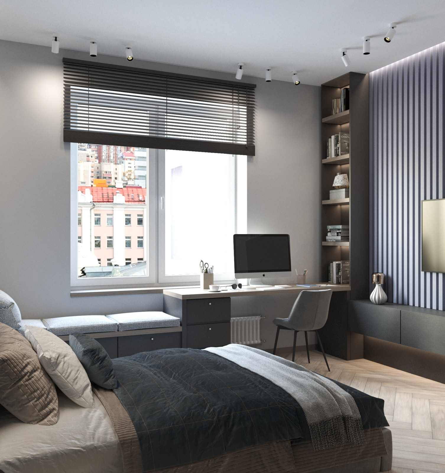 Просторная квартира в синими стенами