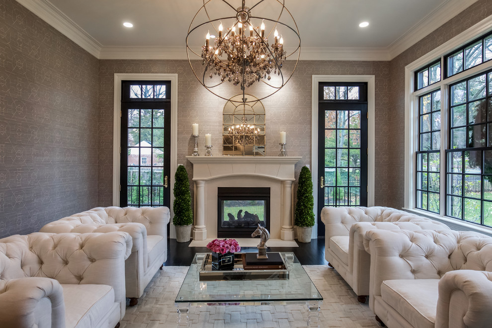 Photo of a mid-sized transitional sunroom in DC Metro with a two-sided fireplace and a standard ceiling.