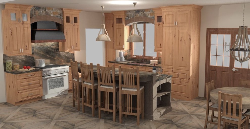 Eat-in kitchen - mid-sized rustic l-shaped ceramic tile and brown floor eat-in kitchen idea in Minneapolis with an undermount sink, raised-panel cabinets, light wood cabinets, granite countertops, multicolored backsplash, stone slab backsplash, stainless steel appliances and an island